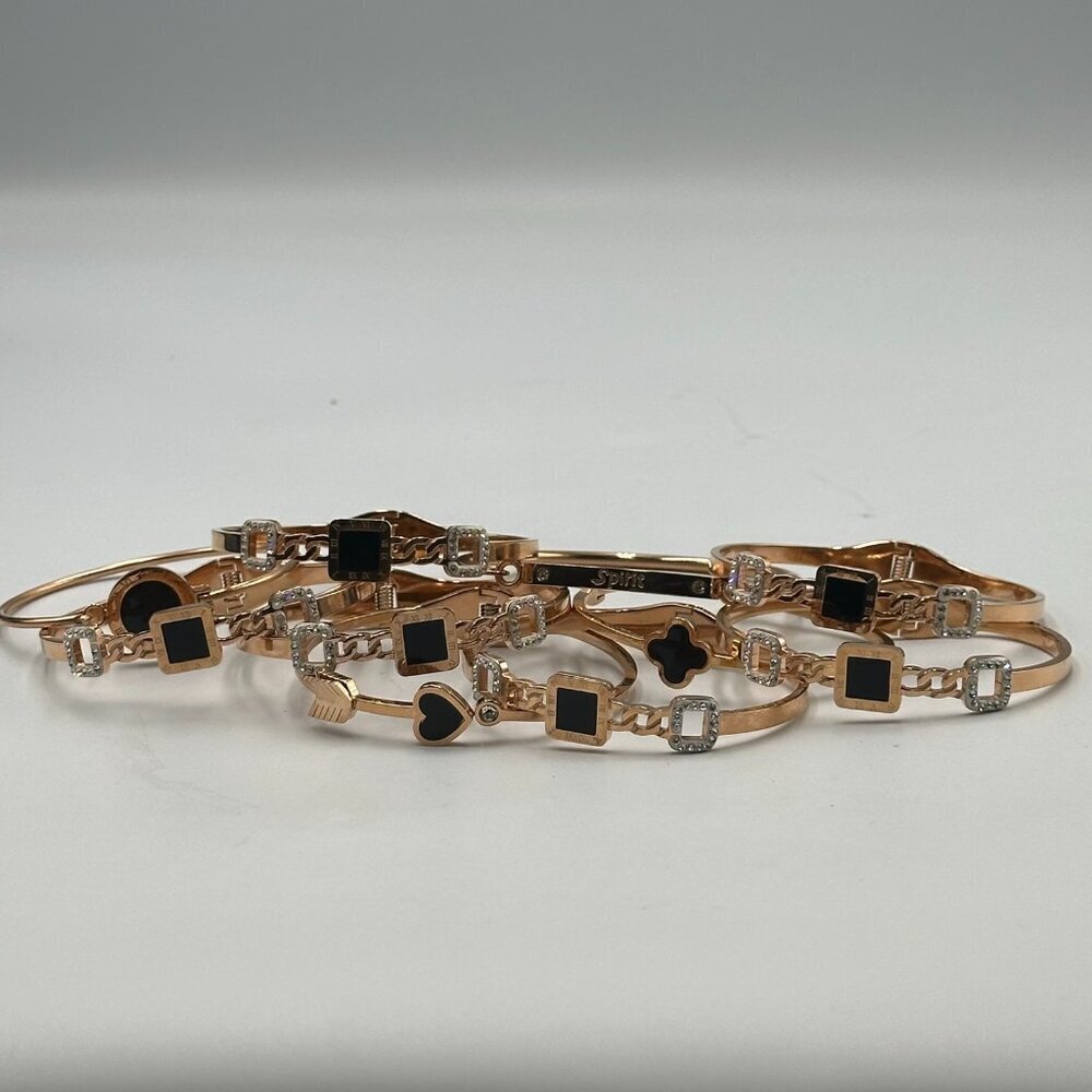 Black Enamel Bangle Bracelet Lot Rose Gold Tone Clover Heart Square Hinged